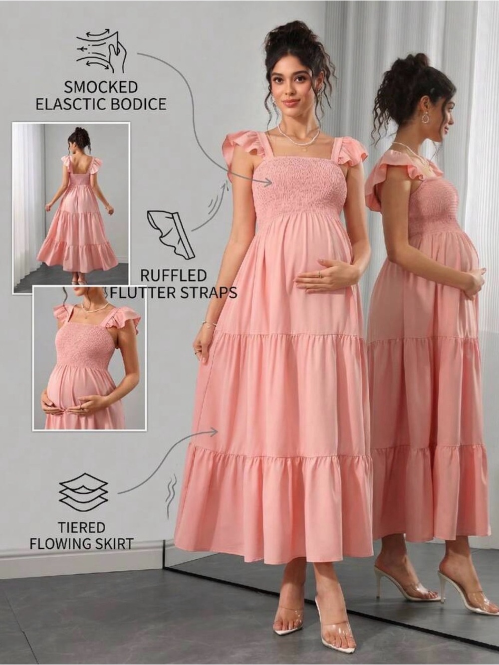 SHEIN Pink Smocked Ruffle-Shoulder Tiered Maxi Dress